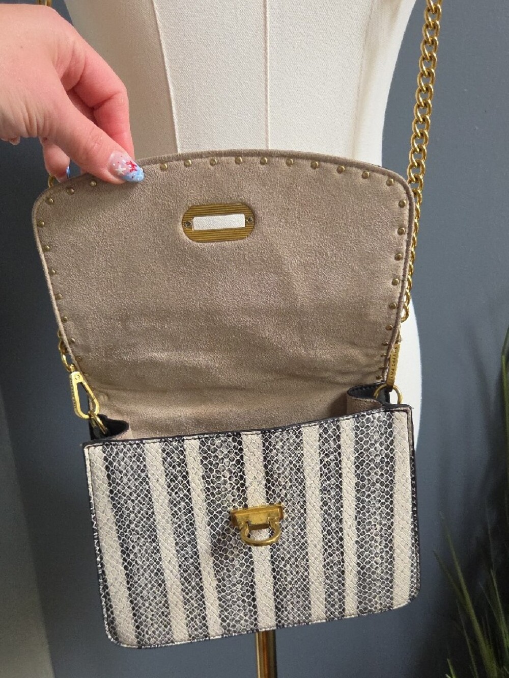Beige and Black Top-Handle Satchel with Removable Gold Chain Strap - Picture 3 of 9